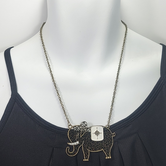 Elephant Pendant Off White Enamel Brass Chain Large Necklace - Picture 2 of 10